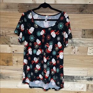 LuLaRoe size Large Buttery Soft Stretchy Black with Santa Print Short Sleeve Top